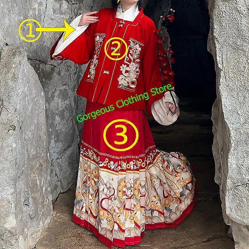 Dynastie Ming Hiver Hanfu Trois pièces Set complet 2023 Mignon Lapin Broderie Demi-manche Top Ma Mian Jupe 4pcs Set Rouge