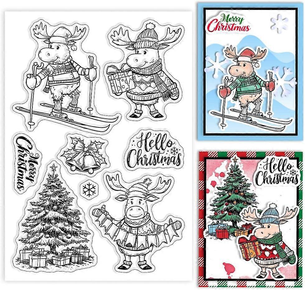 Christmas Reindeer Clear Silicone Stamps for DIY Card Making Christmas Tree Silicone Transparent Seal Snowflake Bell Decorative Clear Stamps for Scrap