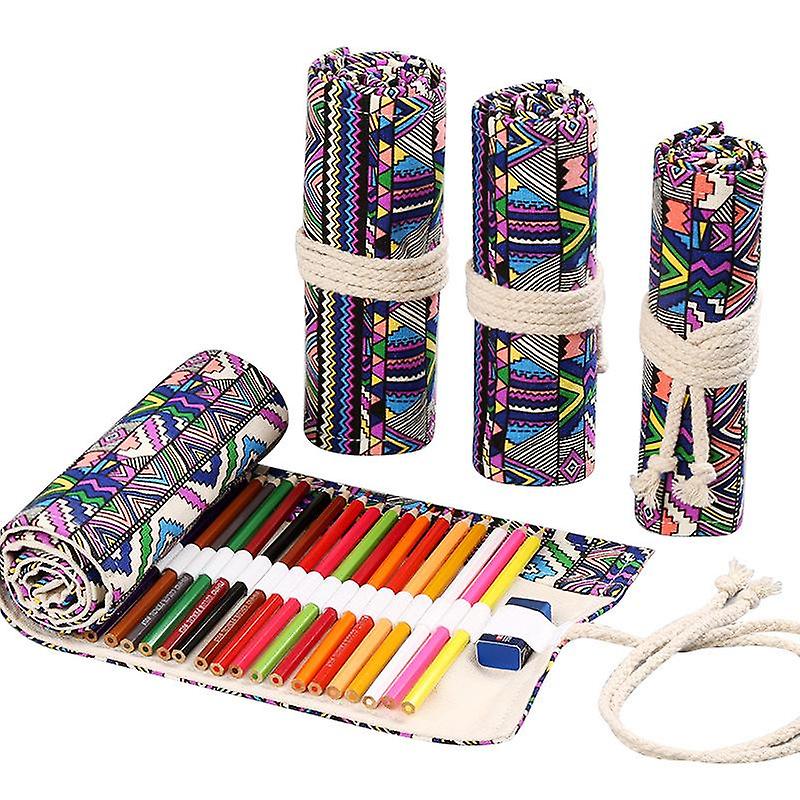 Ethnic Style Canvas Printing Simple Rolling Pencil Case 12/24/36/48/72 Hole Pen Curtain