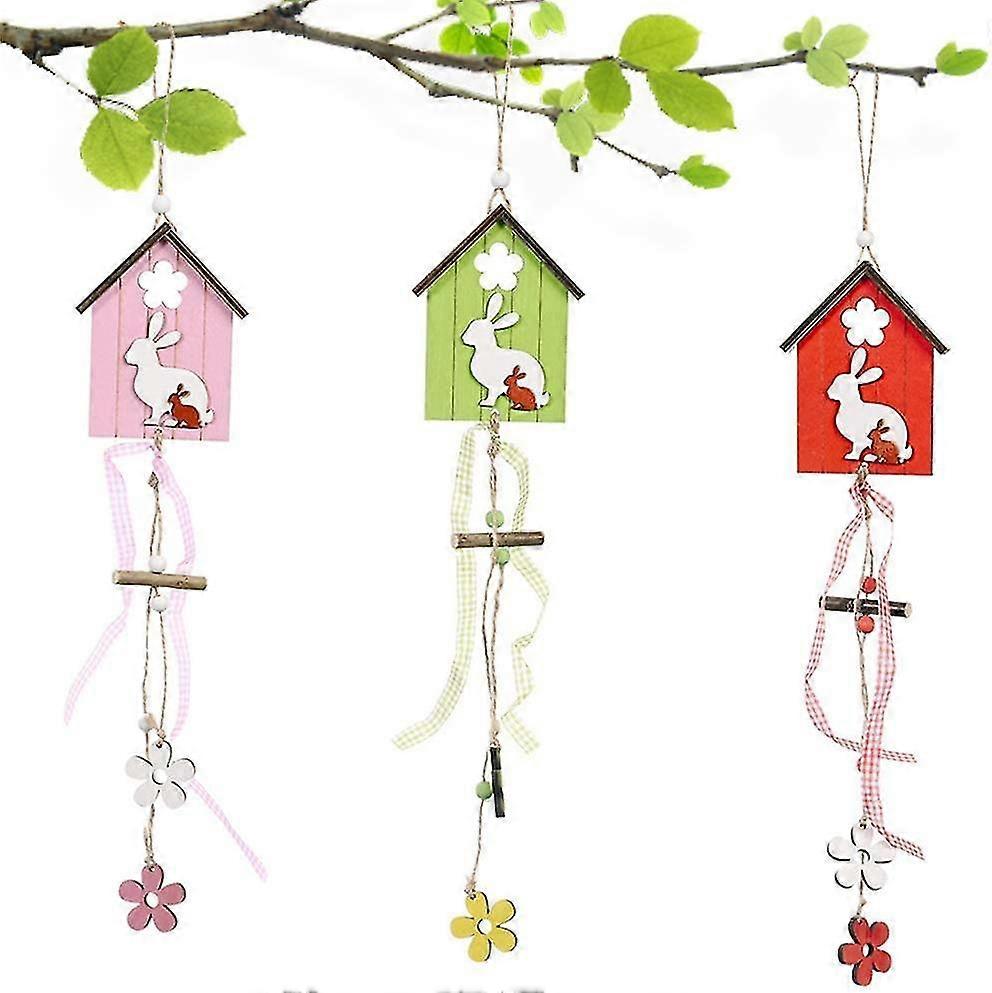 3 Pieces Spring Wooden Easter Bunny Decoration Easter Decoration, Rabbit House Easter Pend