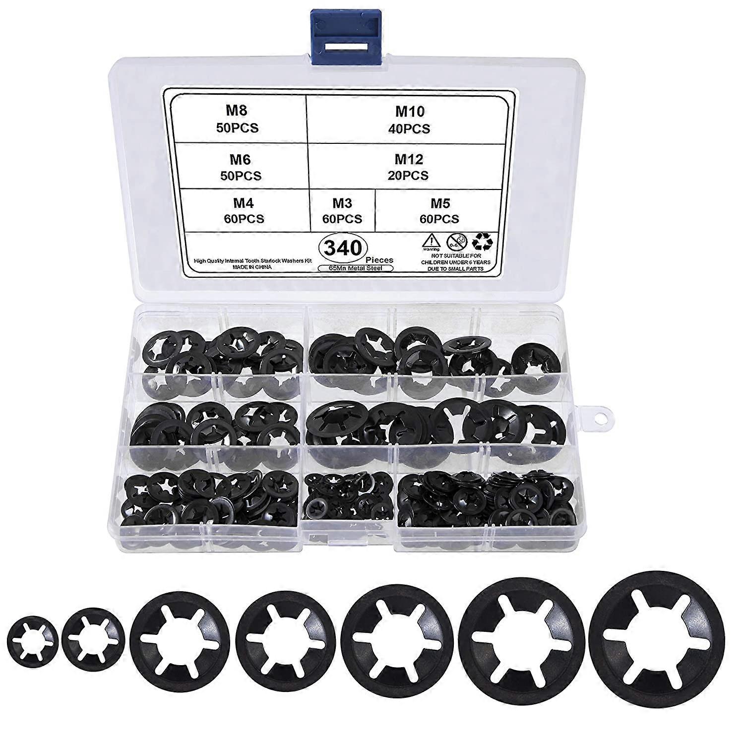 Xceedez Universal Lock Washers Lock Washer M3 M4 M5 M6 M8 M10 M12 Quick Push In Fasteners Assortment Kit with Box Black 340 Pieces