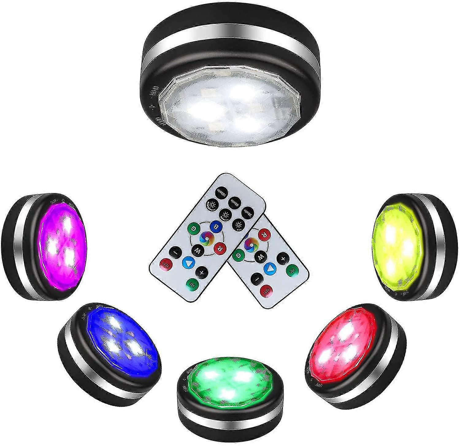 Bjxy Led Under Cabinet Puck Lights, Circle Press On Color Puck Lighting With Remote, 6 Pack Battery Operated Sticky Lights For Shelf Closet