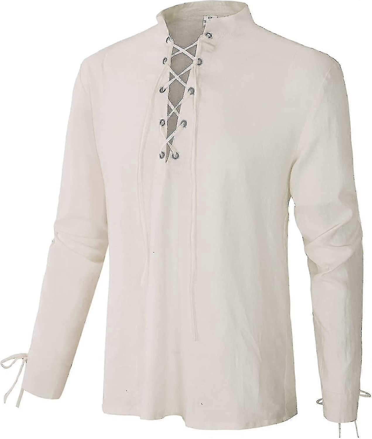 Men's Linen Long Sleeve Shirt Lace Up V-neck Viking Medieval Pirate Top Banmo