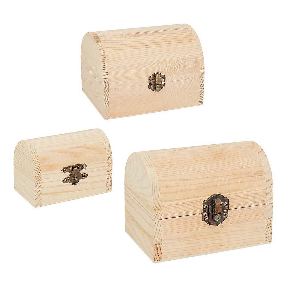 Unfinished Pine Wood Jewelry Box DIY Storage Chest Treasure Case with Locking Clasps Arch BurlyWood 3pcs/set