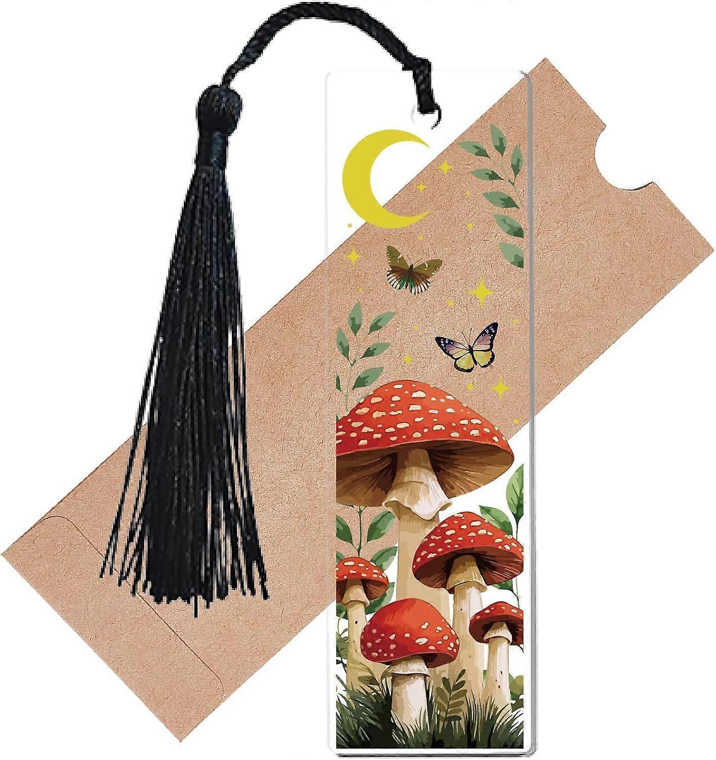 Mushroom Pressed Acrylic Bookmarks Transparent Bookmark Rectangle Book Marker Tag with Tassel Printed Mushrooms Reader Cultural Gift for Book Lovers S