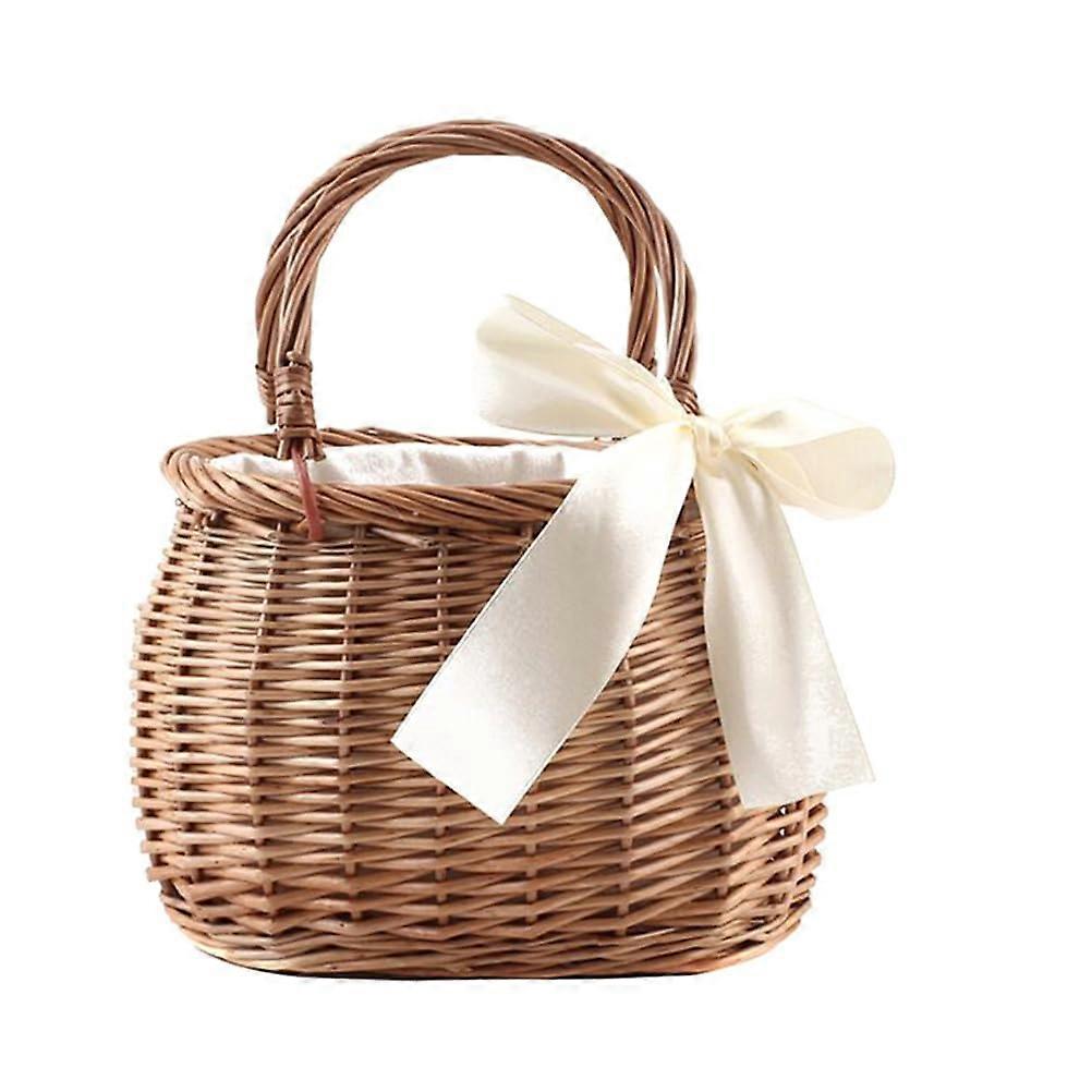 Rattan picnic basket handwoven wicker with handle khaki