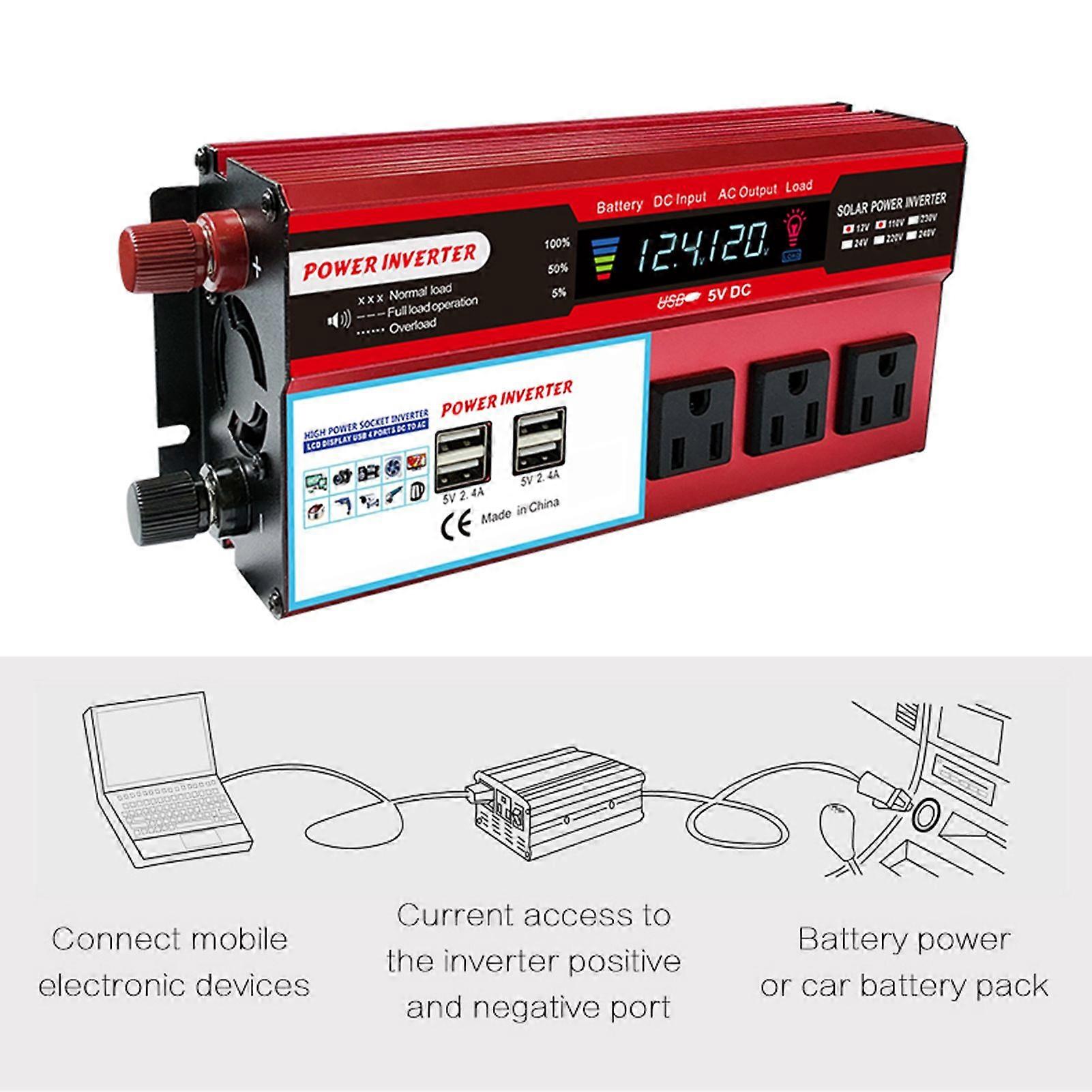 Solar Power Inverter High Efficiency Sine Wave Inverter Home Car RV Solar Power Converter with LCD Display DC 12V to 110V AC 1000W MK7100