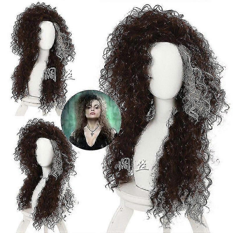 Peruca Ondulada Marrom Longa Misturada Bellatrix Lestrange Resistente ao Calor Cabelo Sintético Feliz H