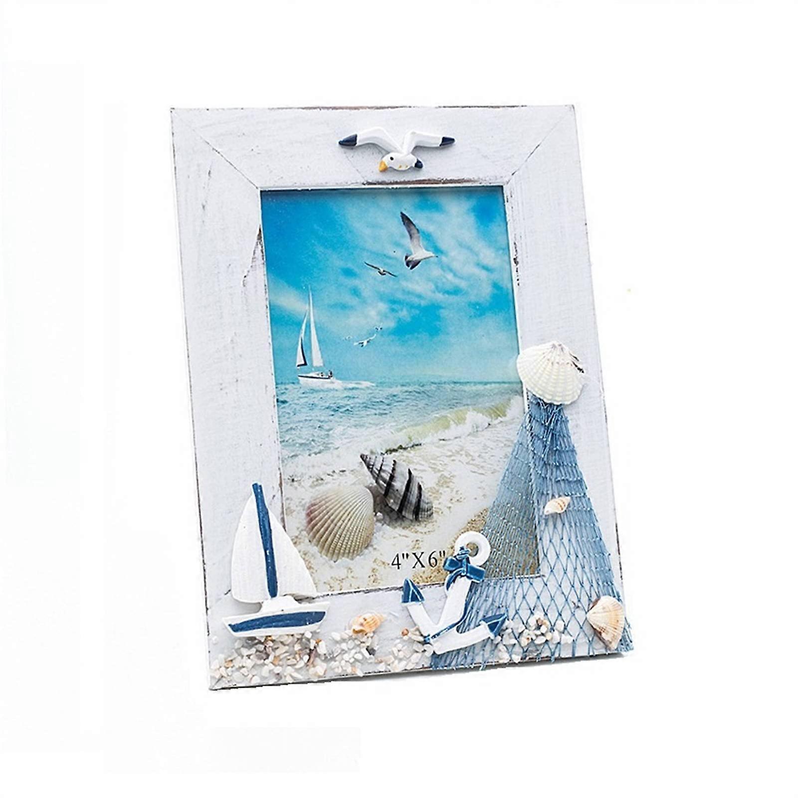 Mediterranean Wood Photo Frame - Nautical Beach-Themed 4x6 Display for Home Décor and Café Interior Design
