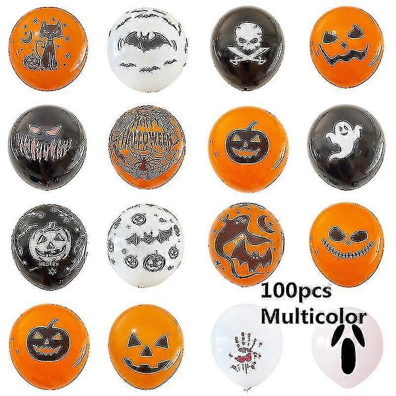 Balony na Halloween, 100-częściowy zestaw, wielokolorowy z różnymi upiornymi wzorami, takimi jak dynia, nietoperz, duch, czaszka do dekoracji imprezy