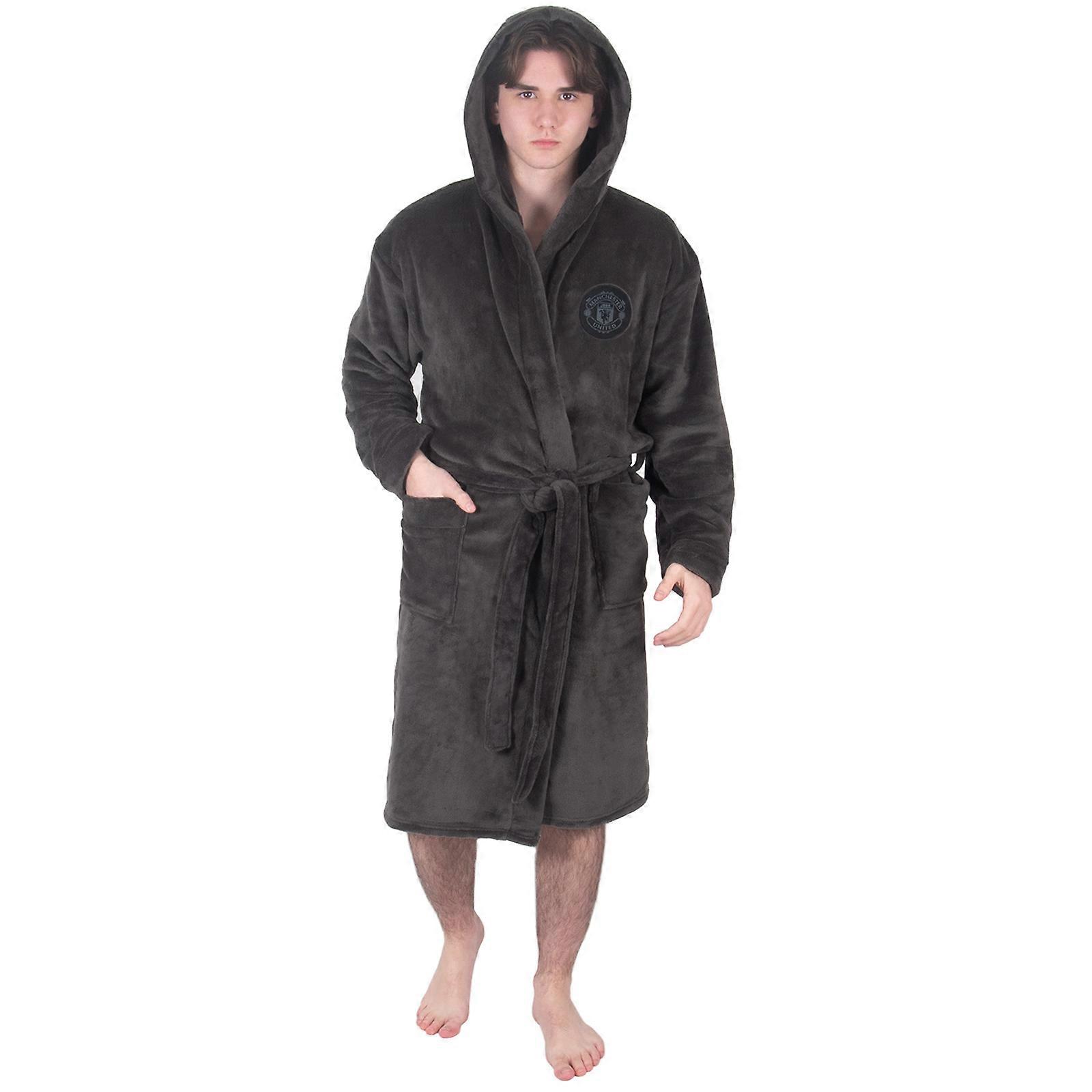 Manchester United Fc Men's Grey Manchester United Dressing Gown Robe Hooded Fleece Official Football Gift Large