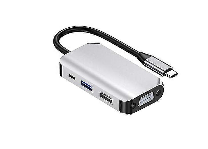 4 in 1 USB Type C Hub Splitter Docking Station Dongle Multiport Adapter, UHD HDMI 4K@30Hz, VGA 1080P@60Hz, USB 3.0, USB C Fast Charging(Gray)