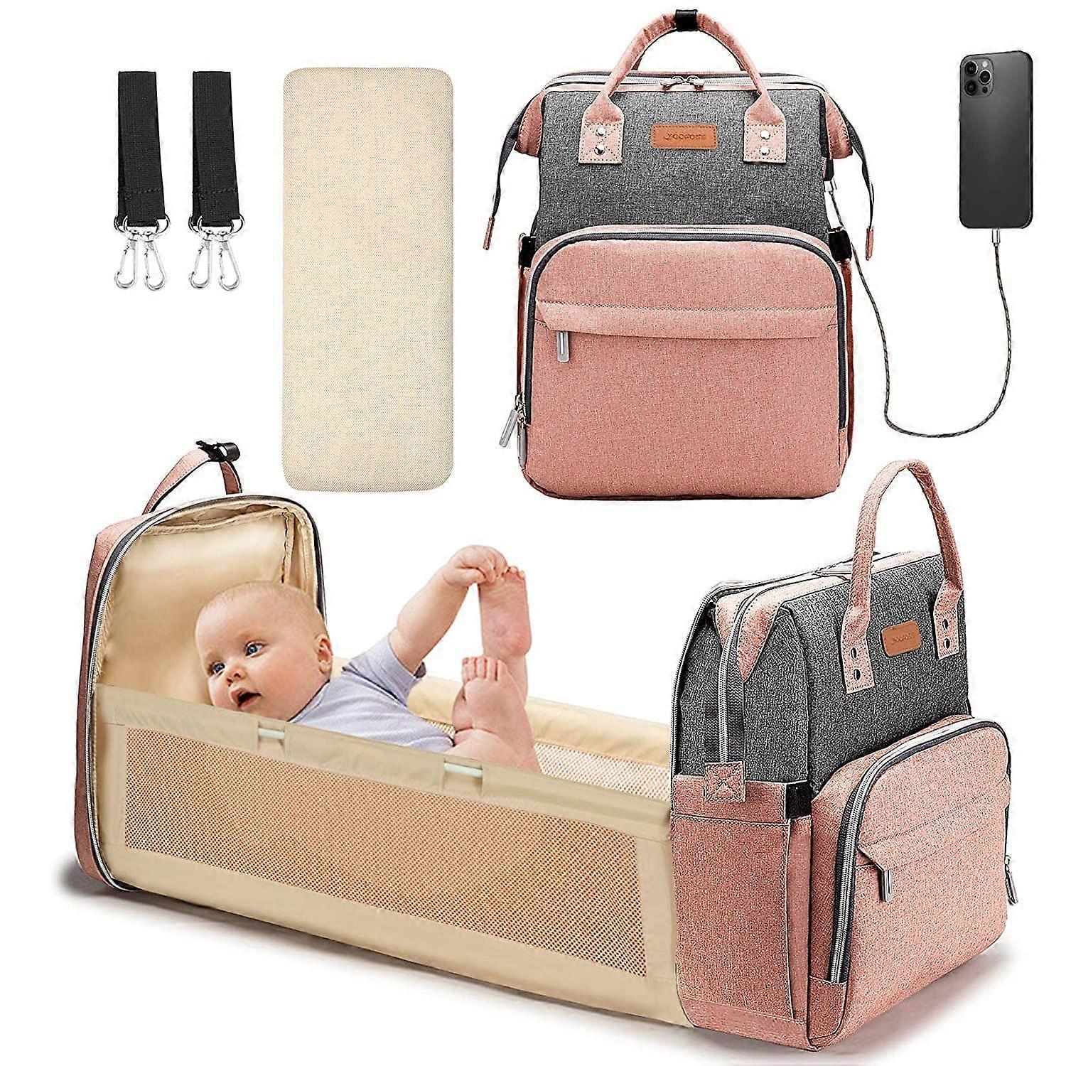 Baby Diaper Bag with Changing Station, Baby Bag with Built-in USB Charging Port and Stroller Straps Large Capacity , Pink