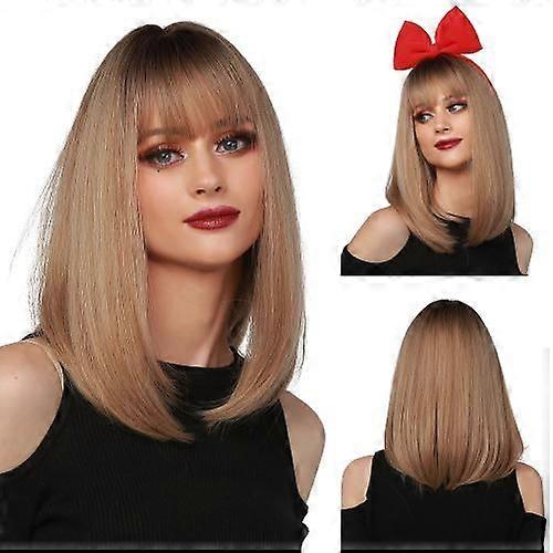 Medium Length Bob Straight Wig with Bangs Light Brown Wig Ladies Natural Looking Synthetic Wig for Daily Party