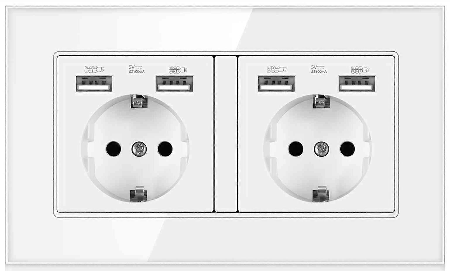 Eu Plug Wall Double Socket 16A 250V With 4 USB Electrical Outlets White Glass Panel Germany Power Sockets