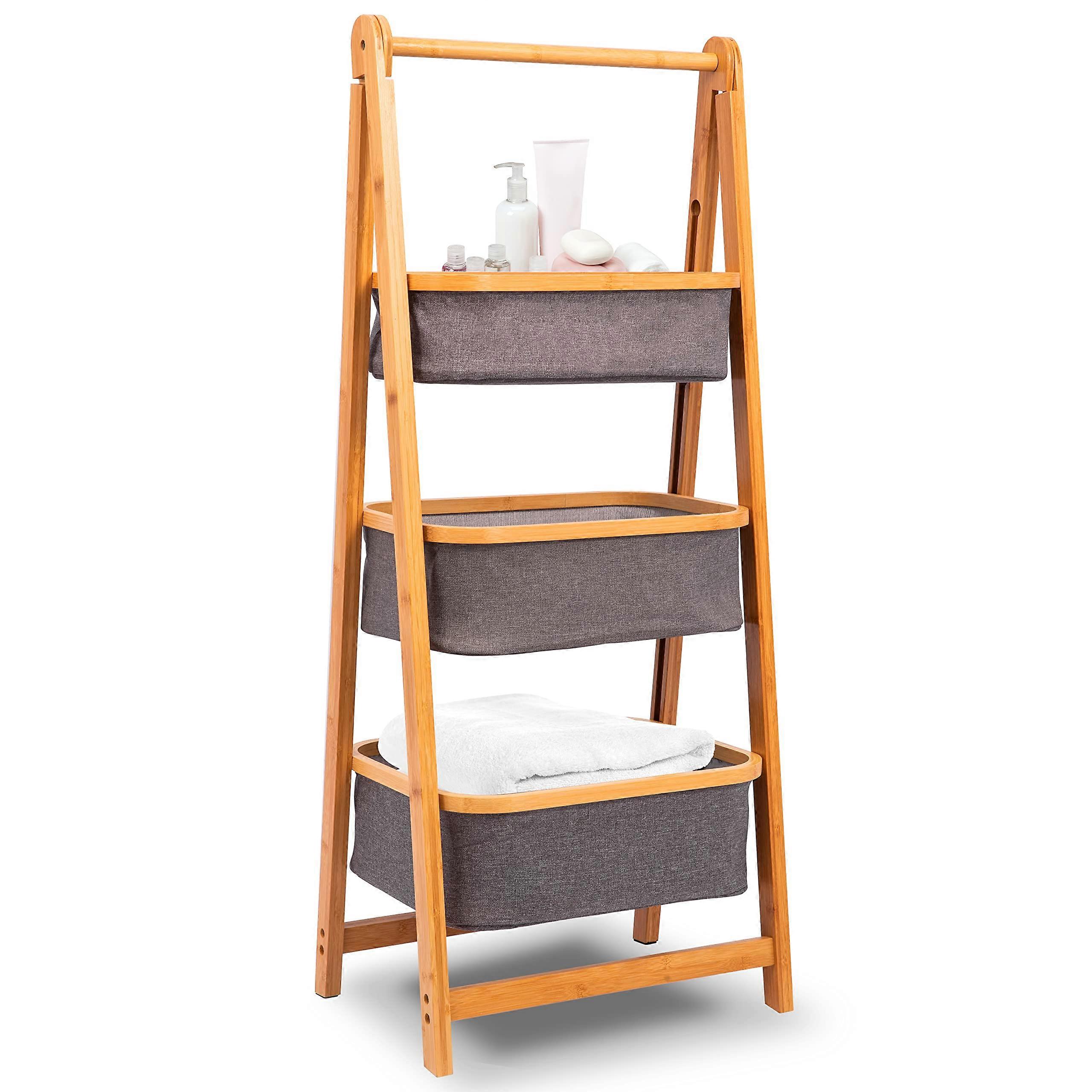3 Tier Fold Out Hamper Shelf Storage - Collapsible Bamboo Wooden Organizer with Removable Baskets for Bedroom and Laundry