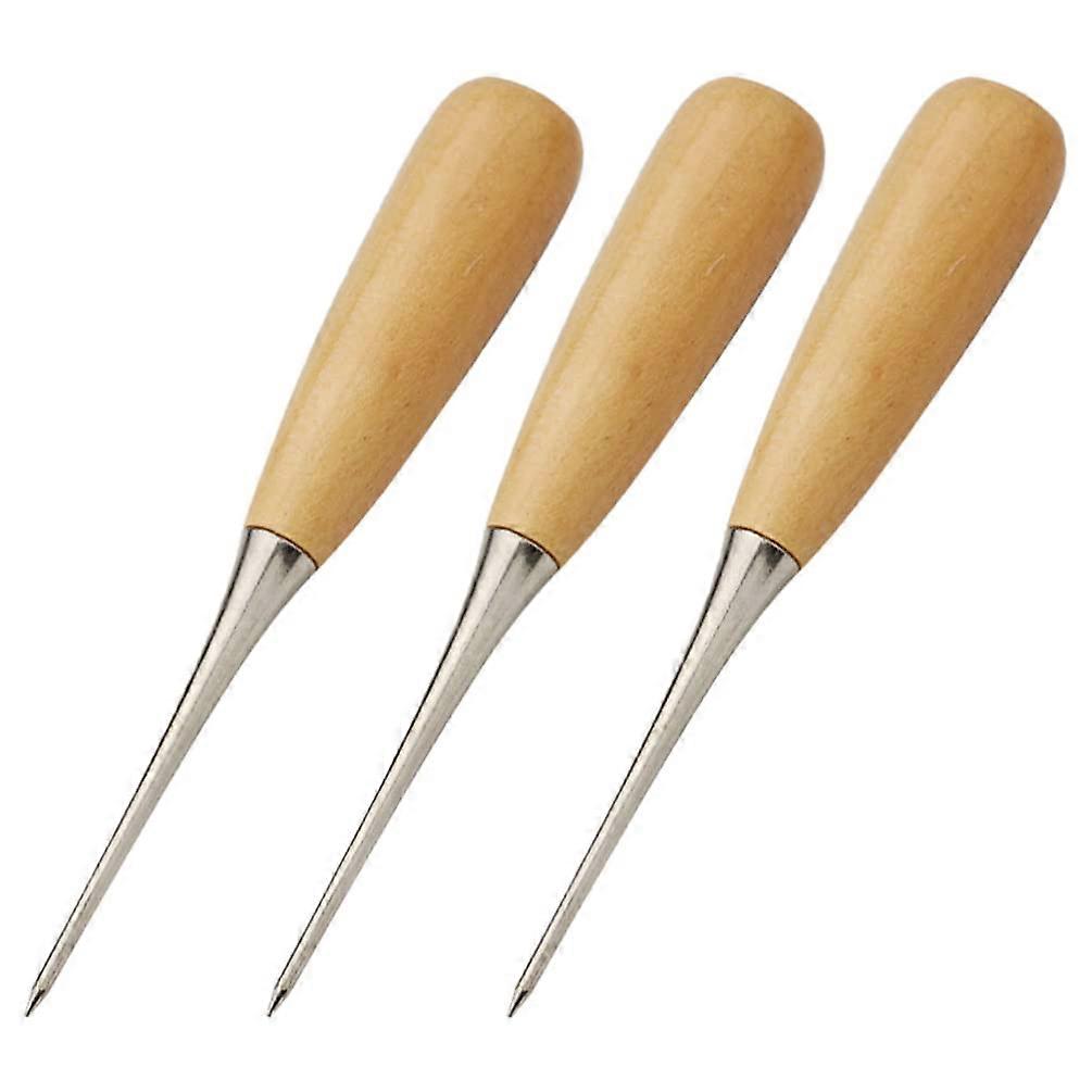 3pcs Handmade Leather Scratch Awls with Wooden Handle for Precision Sewing and Crafting Tools