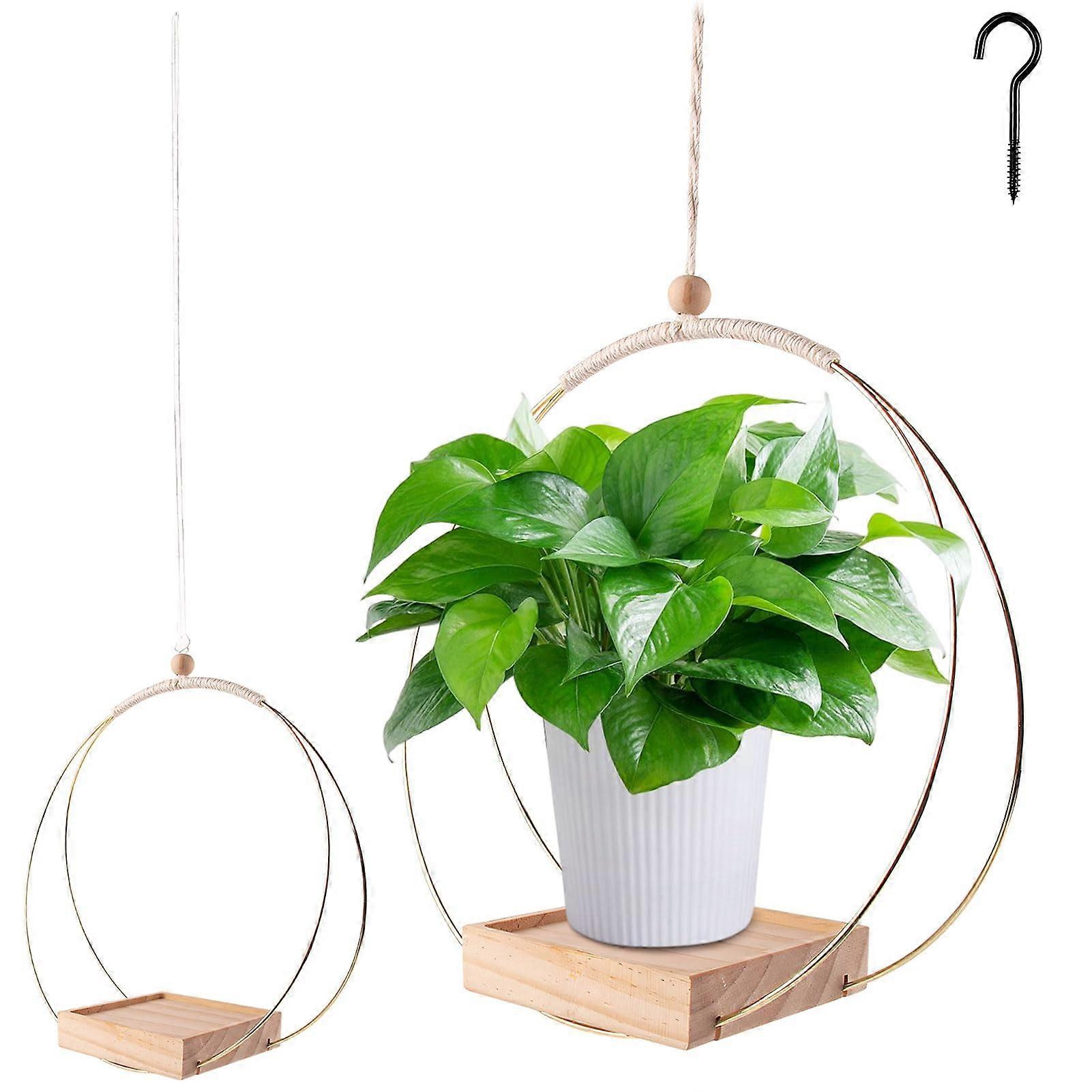Hanging Basket Indoor Metal Ring with Wooden Base, Hanging Pot for Plants (2, A) Ref: 3426
