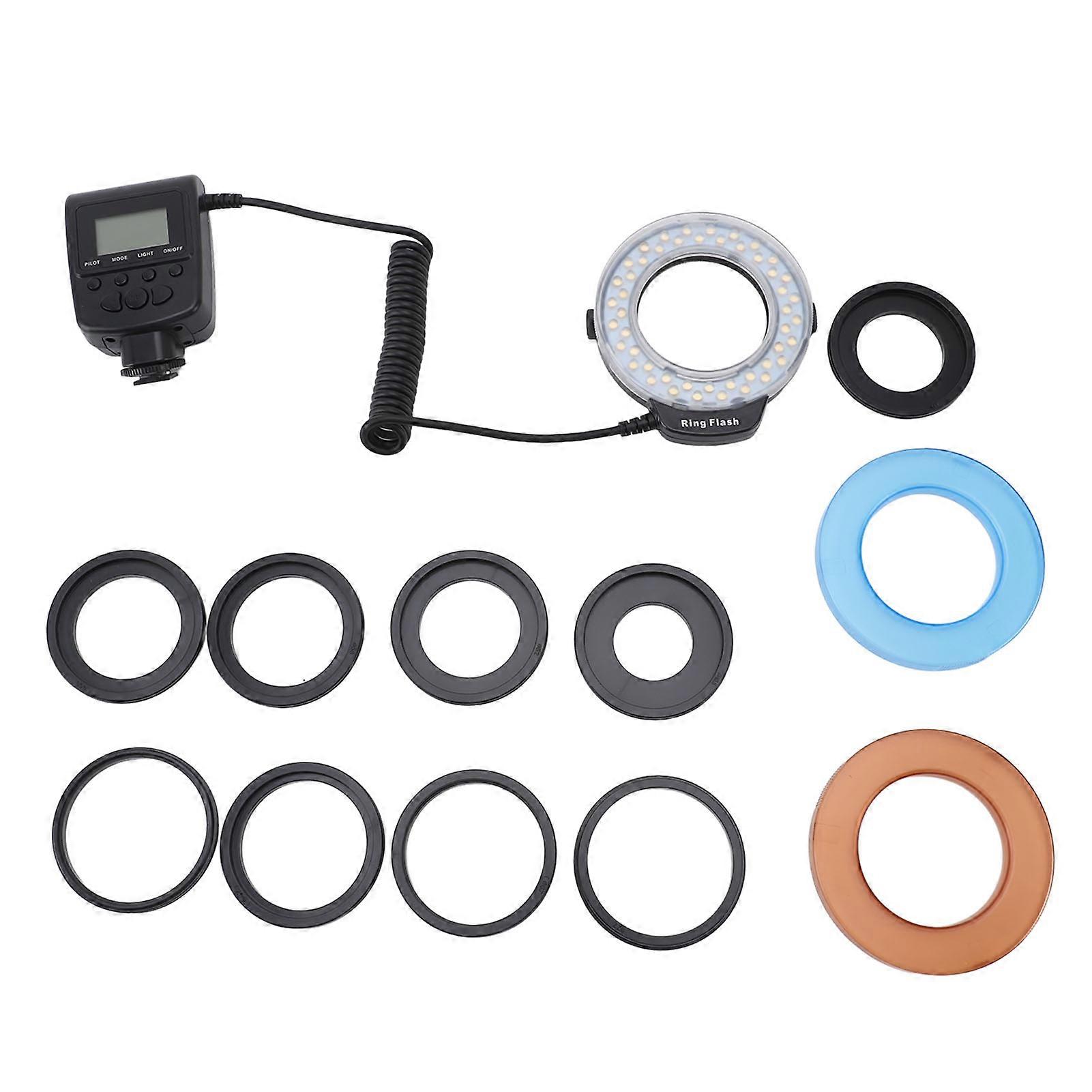 48LED Macro Flash Light for DSLR Cameras with LCD Display Power Control, Adapter Rings, and Flash Diffuser for Close-Up Photography