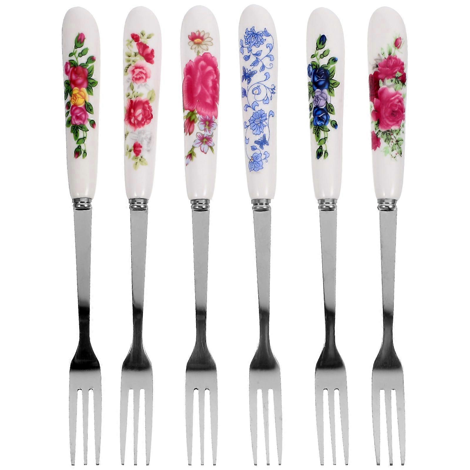 6pcs Multi Function Dessert Forks with Ceramic Handles, Portable Stainless Steel Fruit Forks for Cakes, Appetizers, Salads, Tableware for Parties and