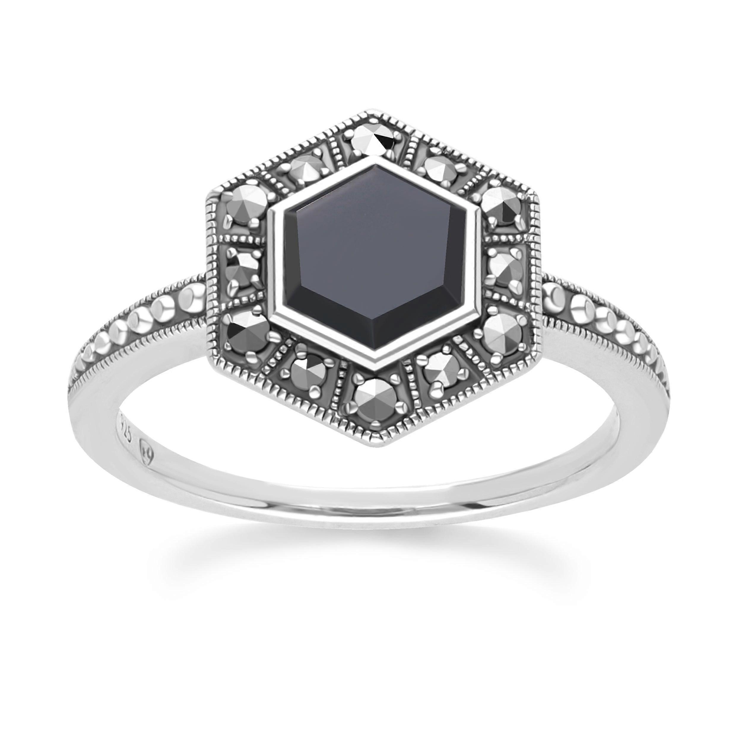 Art Deco Style Hexagon Onyx and Marcasite Ring in Sterling Silver