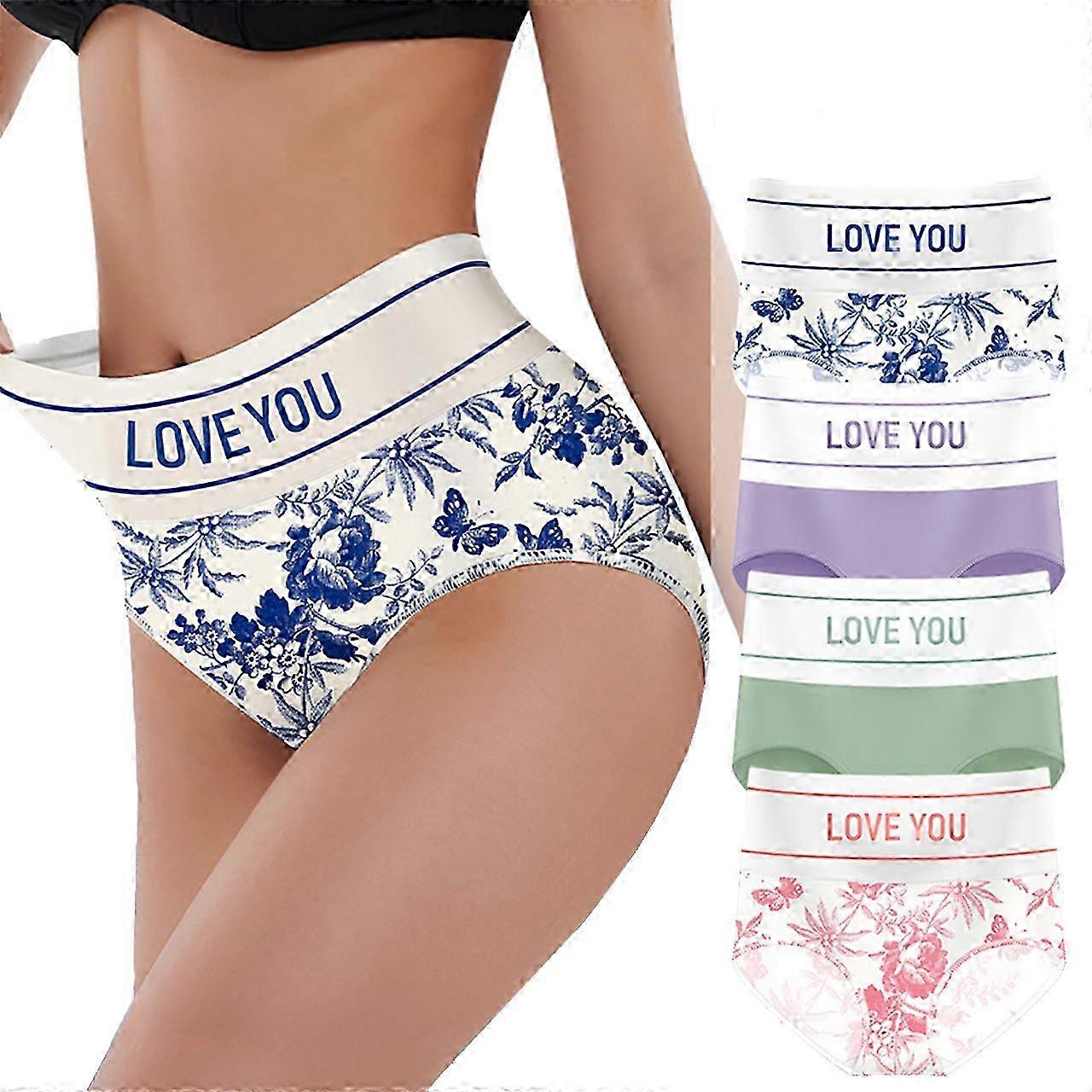 Normal storlek kvinnors underkläder, 4PCS hög midja blommig tryck magkontroll underkläder multi-pack