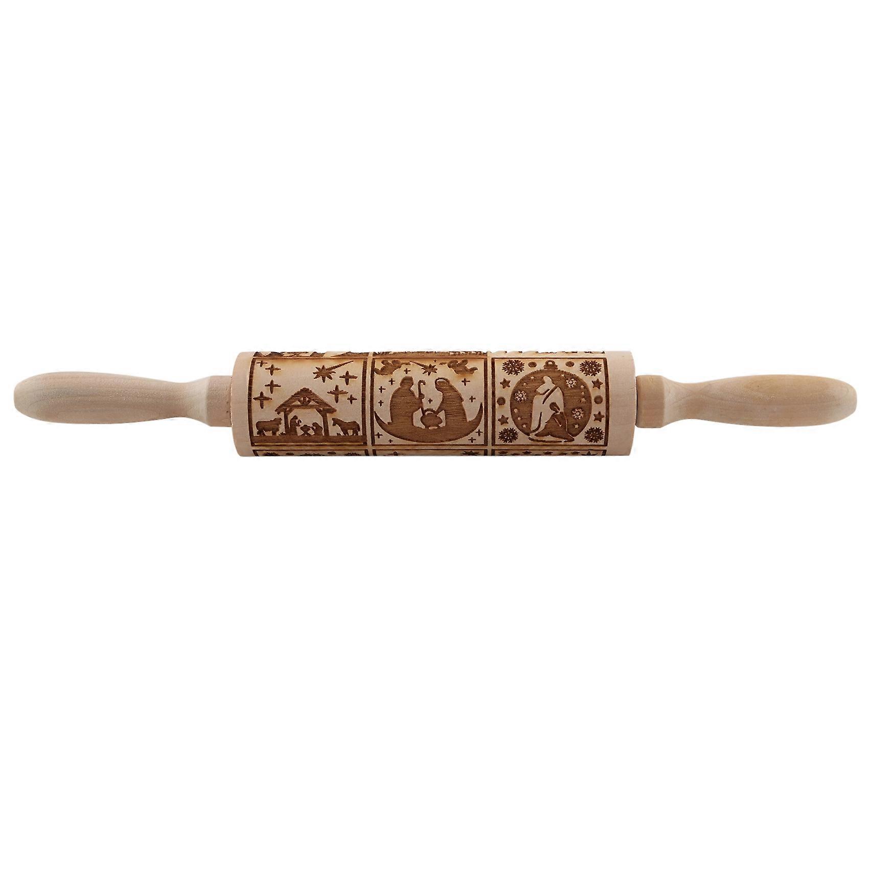 Nativity Pattern Xmas Christmas Wooden Embossing Rolling Pin
