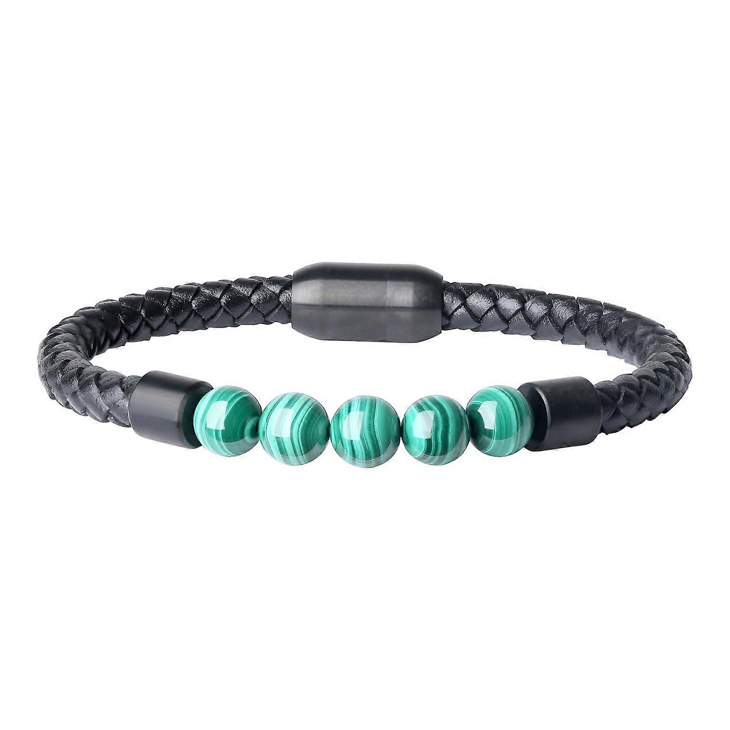 Men's Lucky Bracelet with Malachite Gemstones and Leather, Magnetic Clasp, Adjustable Size, Handmade Style