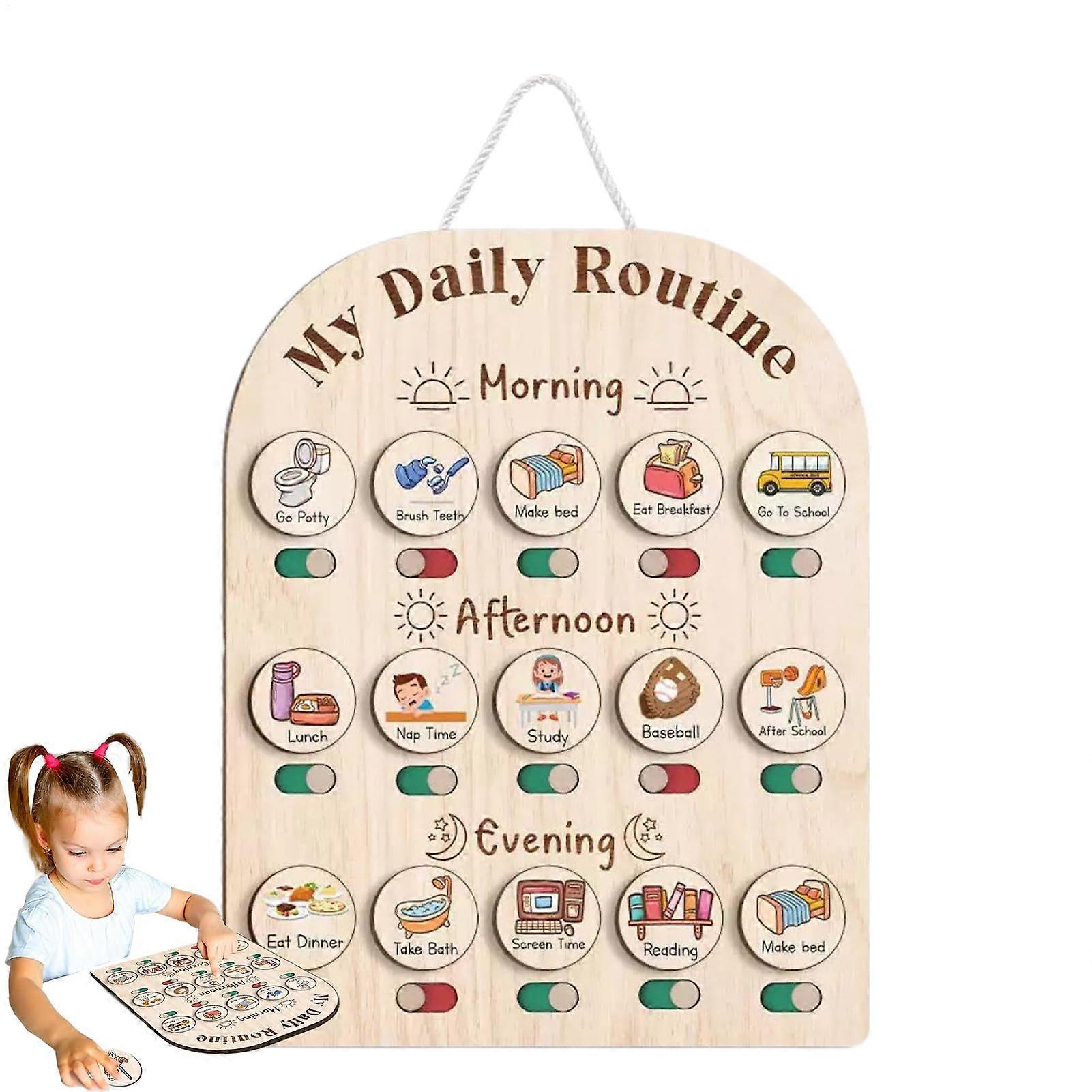 Daily Schedule for Kids, Morning and Evening Routine Chart for Children Educational Learning Toy with Wooden Board for School Preparation