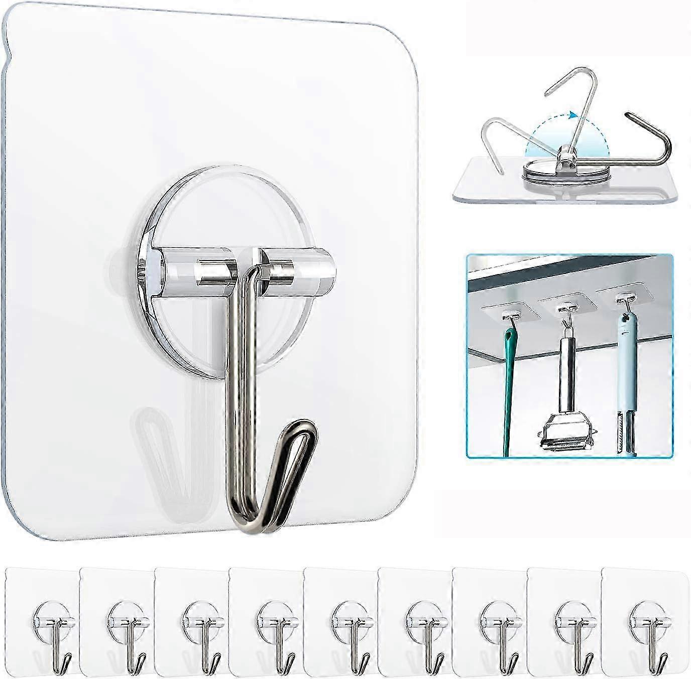 10-Pack Heavy Duty Sticky Hooks - 13lb Waterproof Transparent