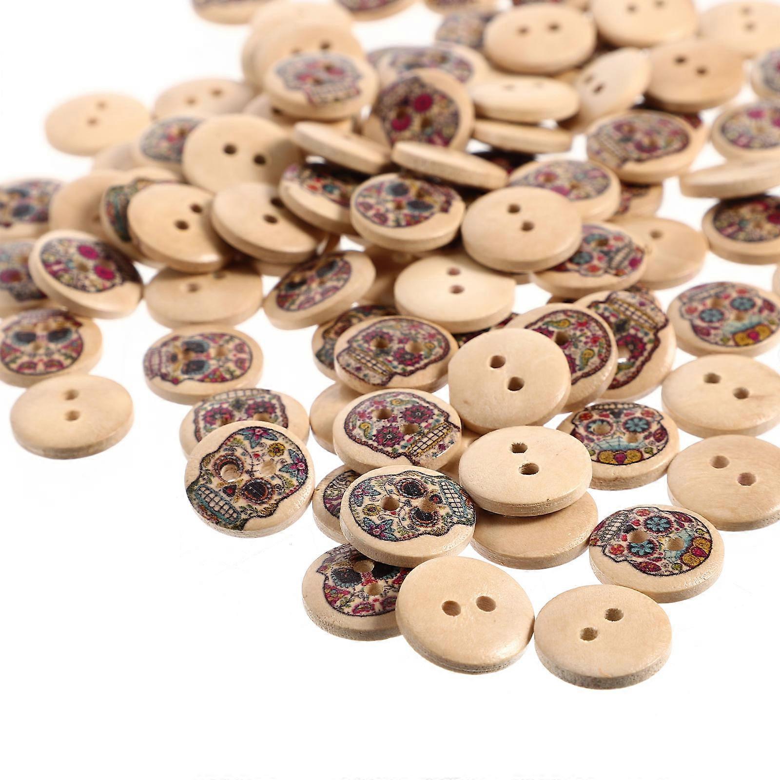 Creative Buttons Wooden Halloween Themed Skull Pattern Buttons Assorted Color 1.5X1.5CM DIY Clothing 200Pcs
