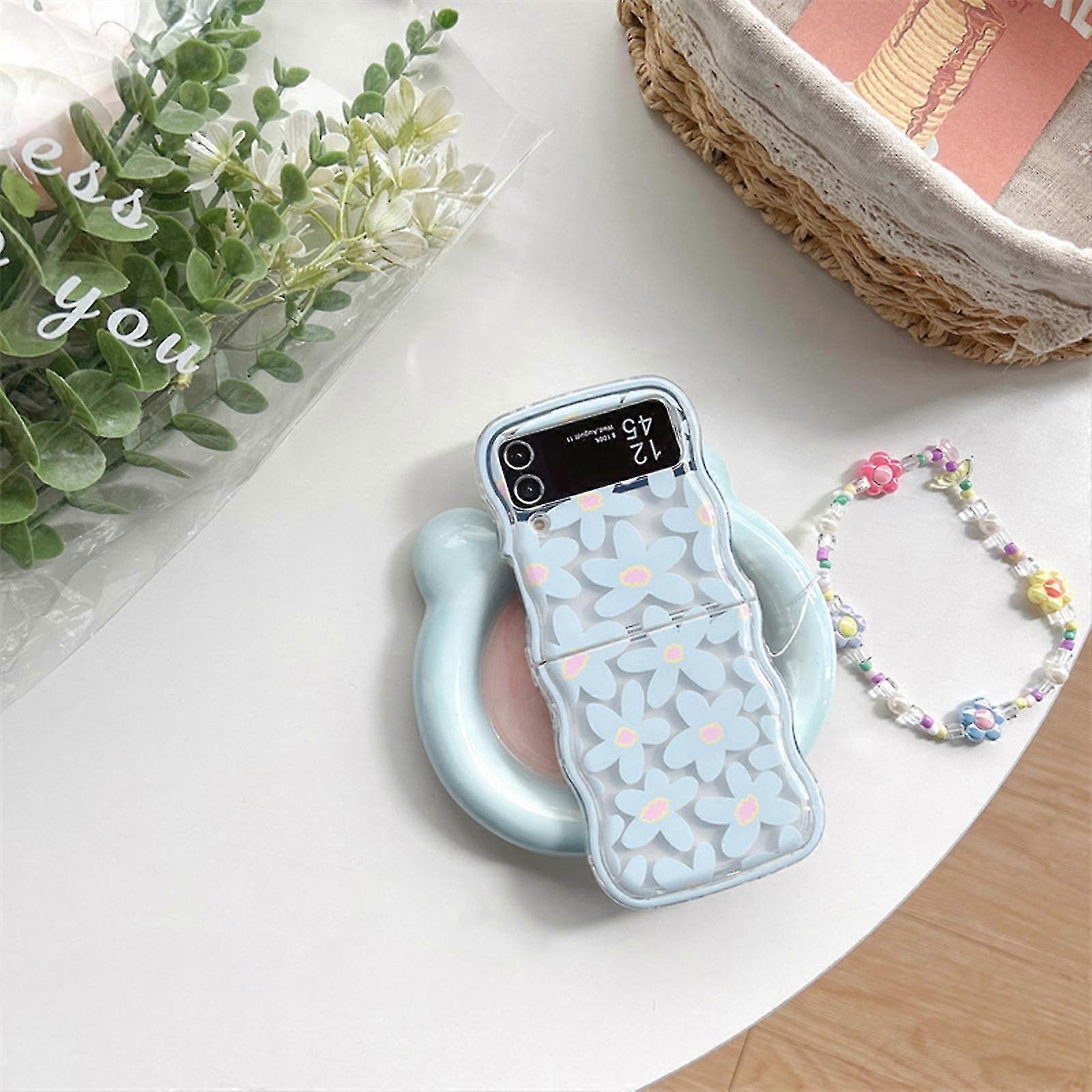 Case for Samsung Galaxy Z Flip 5 with Wrist Strap, Flower Butterfly PC Case Galaxy Z Flip 5, Wave Shell Case for Samsung Z Flip 5