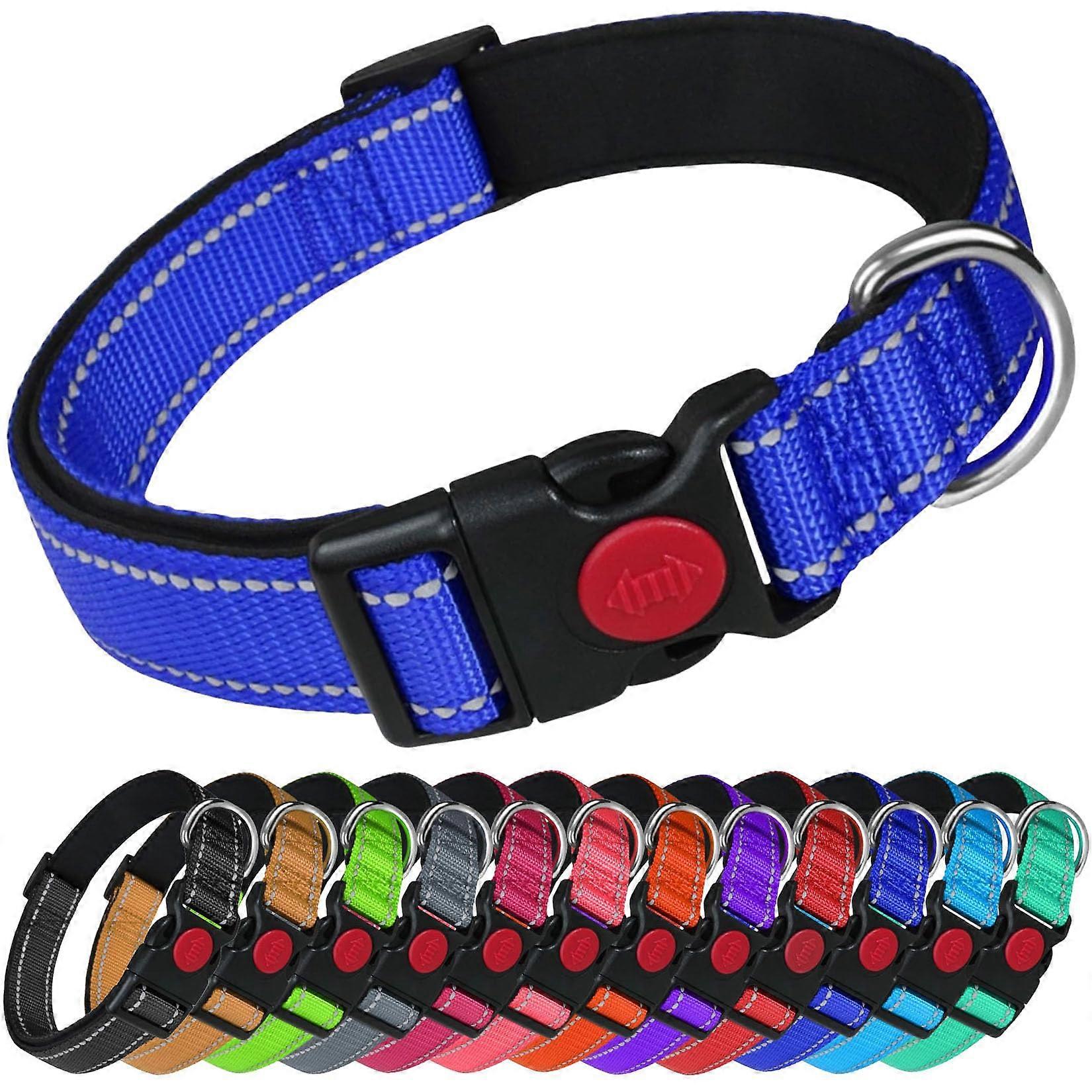 Reflective Nylon Dog Collar with Safety Buckle, Adjustable Soft Neoprene Padding, King Blue, Large (Neck 40cm - 60cm)