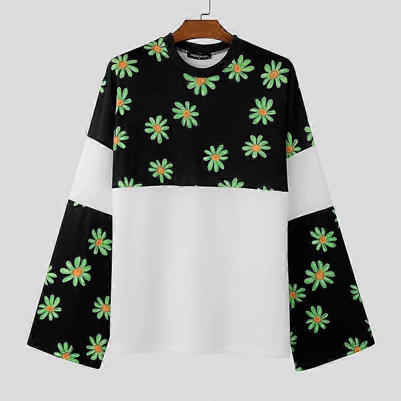 INCERUN Spring Men O Neck Long Sleeve Patchwork Floral Print Pullovers Tops