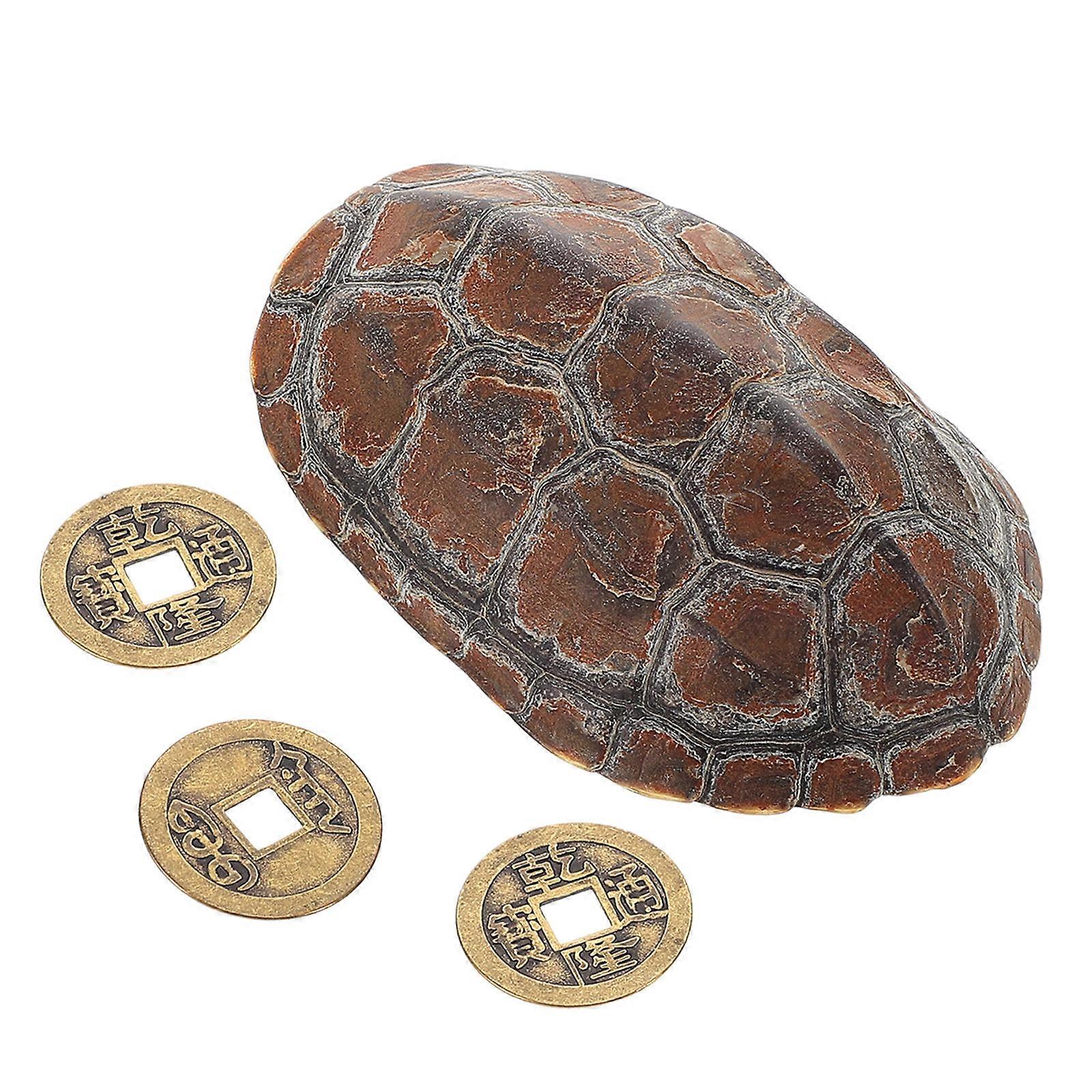 Retro Turtle Shell Figurine with Divination Coins, Traditional Bagua Craft for Home Office Decor, Stress Relief and Cultural Ornament