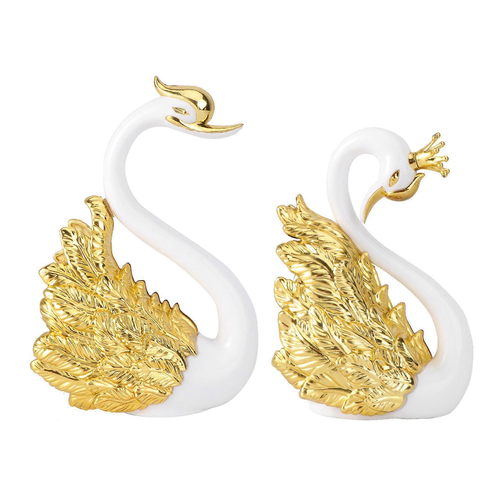 Decorative Swans Plastic Sculpture Creative Cake Figurine 7x10 Cm Golden Miniature Garden Shadowbox Scene Table Craft Displays 2Set