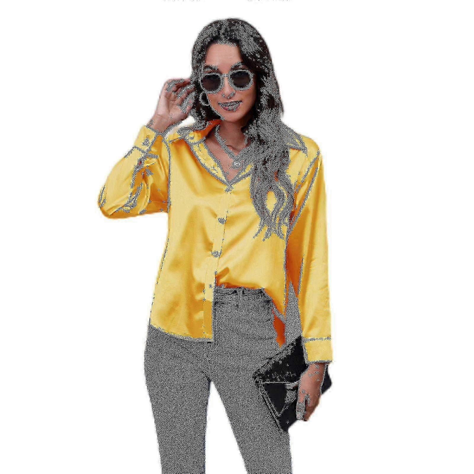 Kontorsblus för kvinnor - Satin långärmad button down V-ringad topp