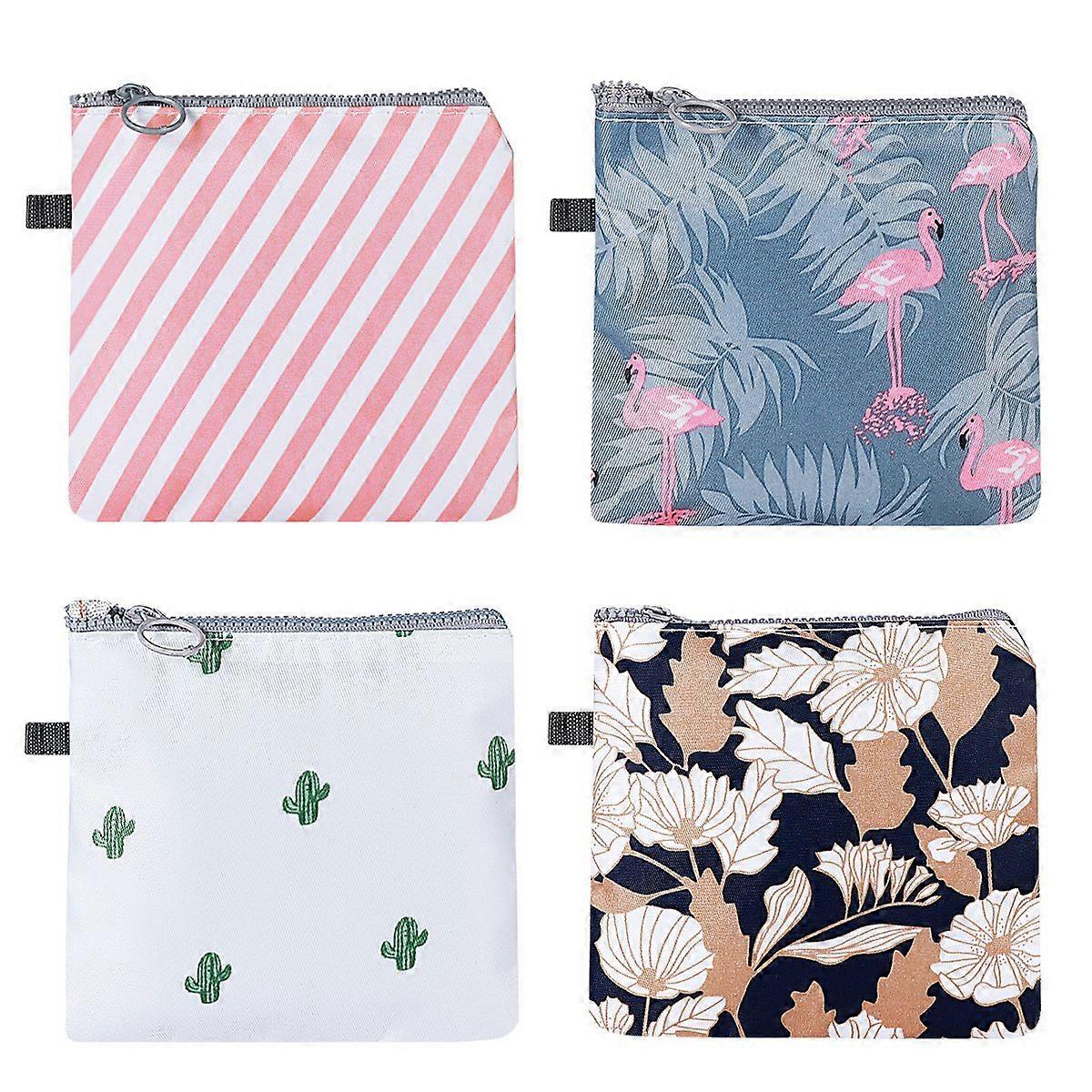SUPVOX 4 قطع حقيبة منديل صحي بسحاب عبوات مقاومة للماء للنساء الفتيات (الصبار ، الفلامنجو ، الزهرة ، الشريط ، 1 قطعة لكل منهما)