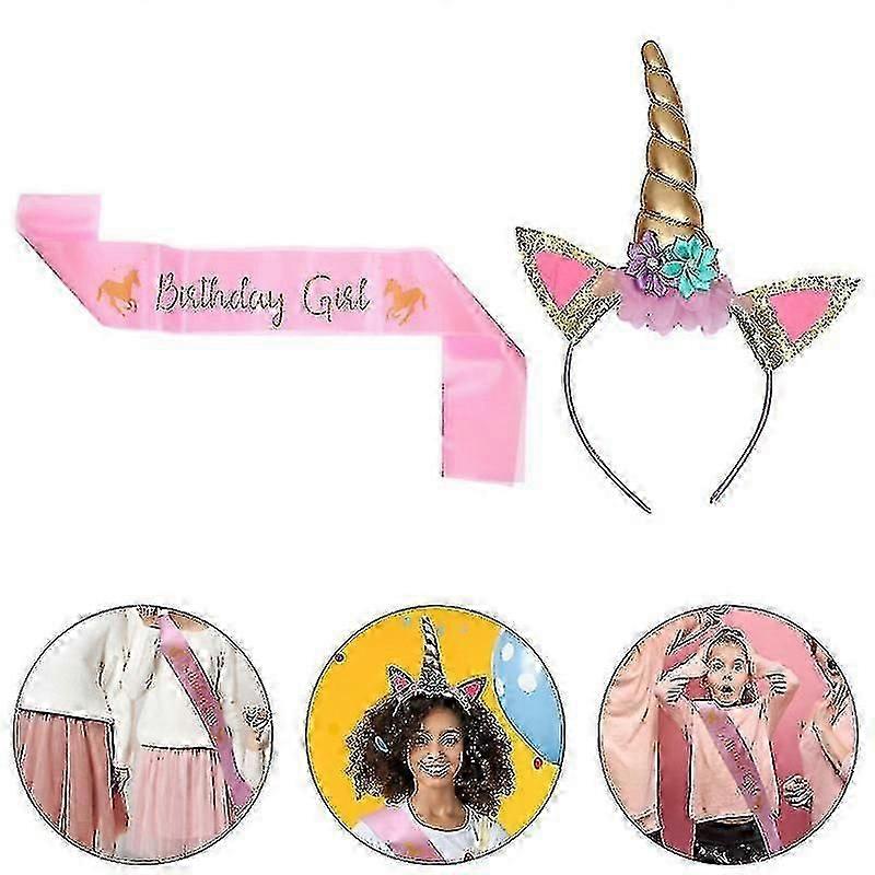25X20cm Golden Party Supply Kits Birthday Party Headband Tiara With Sash Adorable Unicorn Head Band