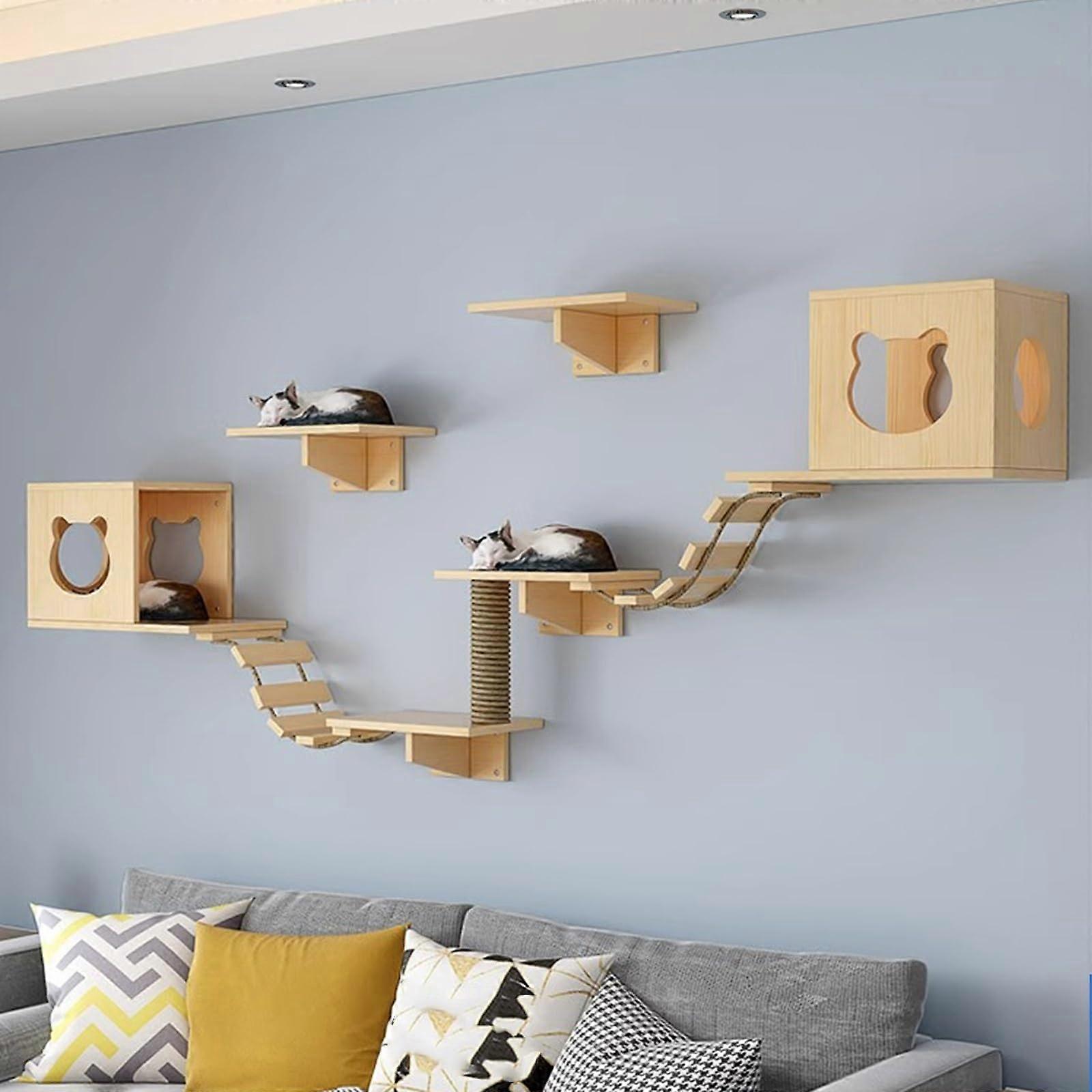Wall Mounted Cat Shelves Set Of 9 For Large Cats With Bridge And House Scratching Board Scratching Post And Steps Indoor