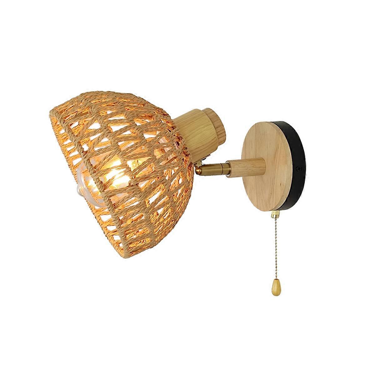 Rattan Wall Sconces Retro Japanese Style Bedside Wall Lamp EU Plug