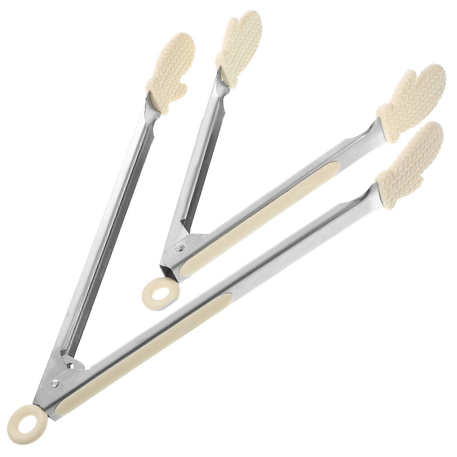 Stainless Steel Food Tongs 2Pcs for Barbecue Noodle Handling Kitchen Tools Beige Color Practical Functionality