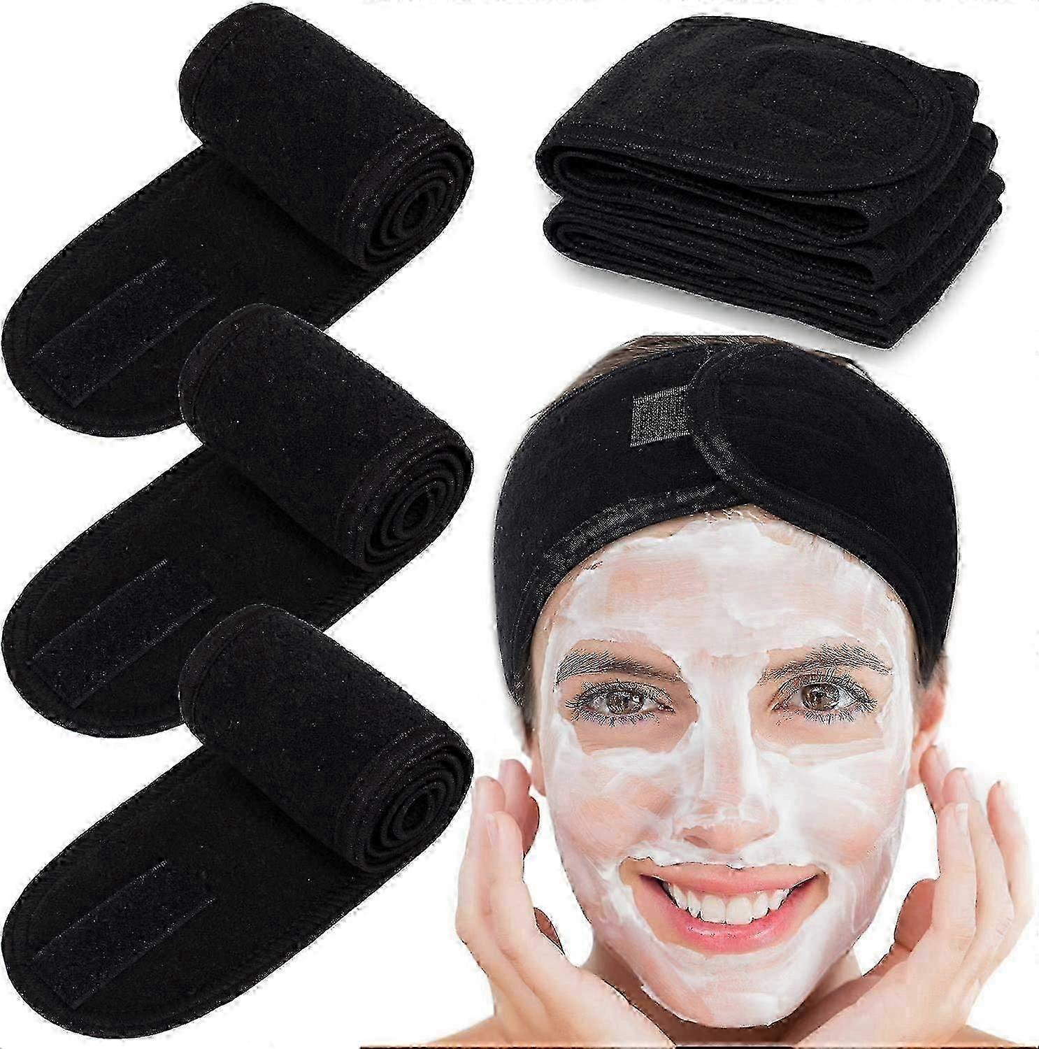 3 Pack Spa Facial Headbands Self Adhesive Stretchy Terry Cloth With Magic Strip Black