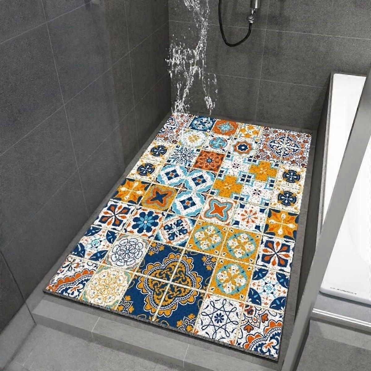 Shower Mat Rectangular Non Slip PVC Tile Pattern Drain Inside Shower Floor Washable QuickDry Yellow 40x60cm