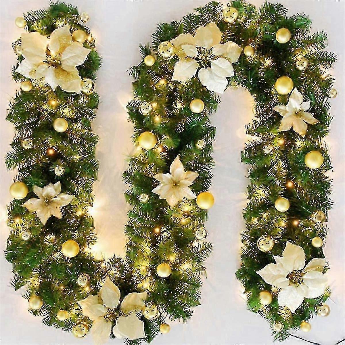 クリスマスガーランド、2.7m暖炉装飾階段LEDライトクリスマスオーナメント装飾と互換性あり(ゴールド)-MXBC