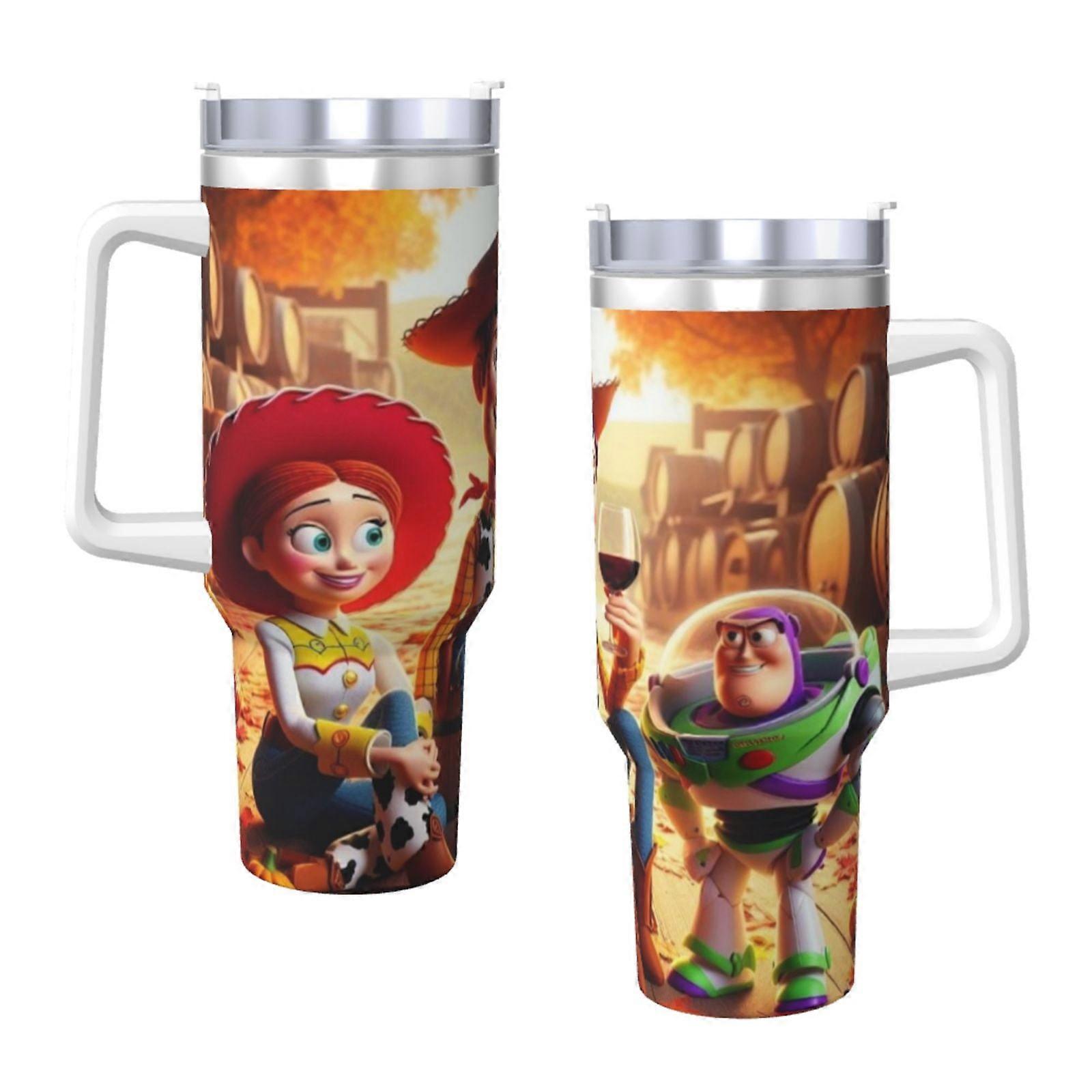 손잡이와 빨대가 있는 토이 스토리 40온스 텀블러, 뚜껑과 빨대가 있는 누수 방지 단열 텀블러, 스테인리스 스틸 컵 홀더, 친화적인 바닥