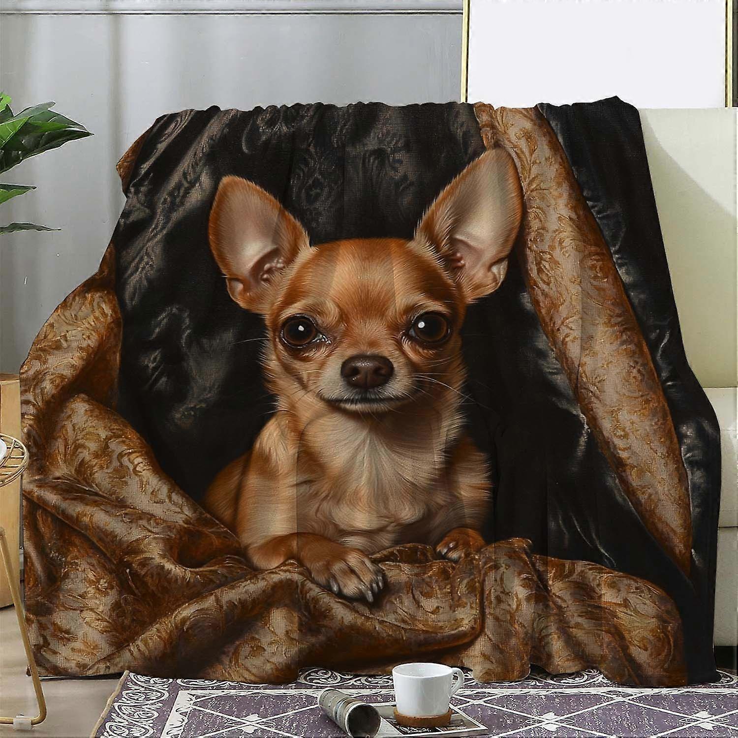 Vintage Chihuahua Blanket - Soft Flannel-like All-Season Cozy Throw with Realistic Brown Chihuahua Design, Charming Sitt-qazxc20
