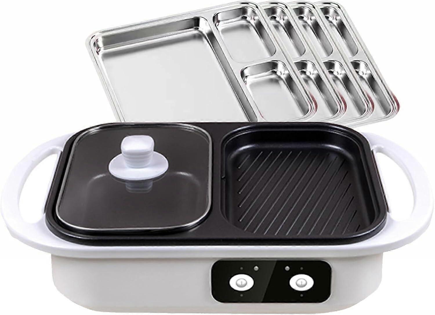 2 in 1 Electric Grill and Hot Pot Combo with Independent Temperature Control and Nonstick Surface