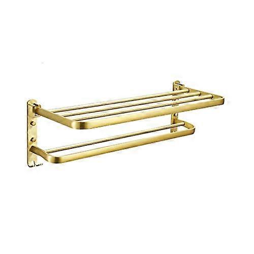 Towel Rack Foldable Space Aluminum Wall Mounted Holder Gold Double Layer Shelf with Hooks