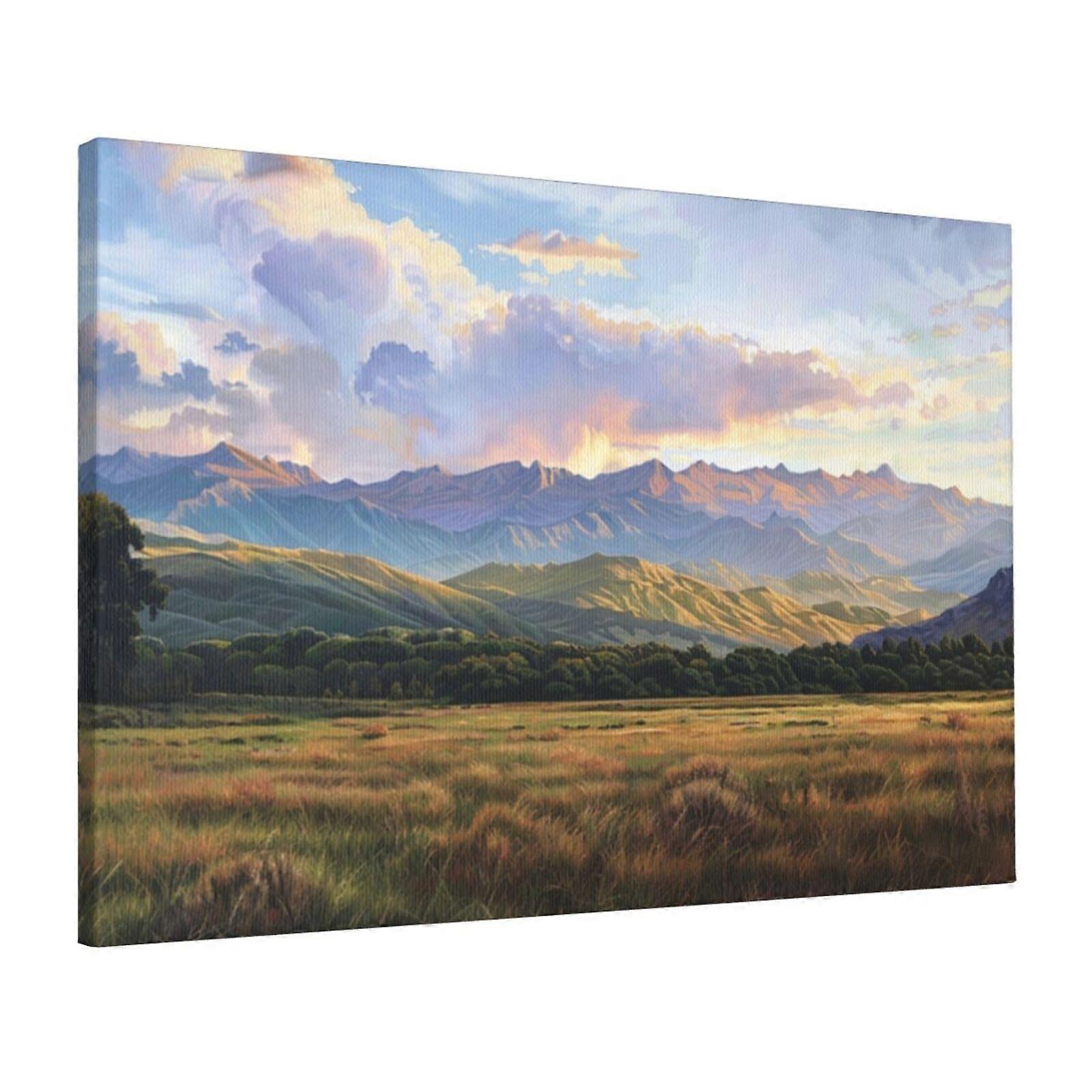 Sunset Over Mountain Range - 16x24 Inch Framed Canvas Wall Art